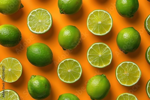 Pattern of freshly cut limes on vibrant orange background for summer cocktails and healthy living concept