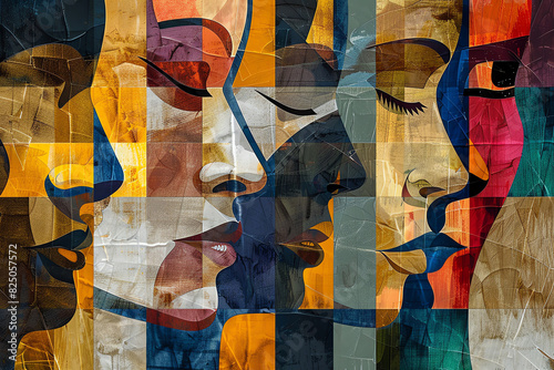 An abstract painting of colorful faces made of geometric shapes.