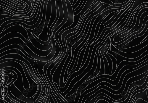 Abstract black background with white lines waves Topographic line map, horizontal flow background