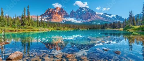 Beautiful panoramic view of mountains and lake with reflection in the water