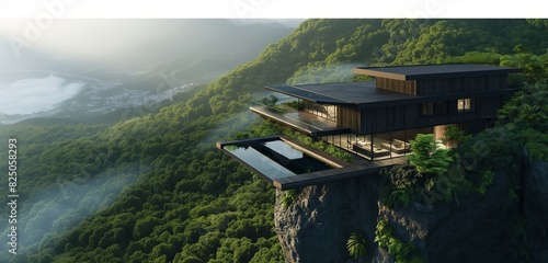 A luxurious modern cabin perched atop a lush green mountain, featuring a sleek, infinity-edge swimming pool that blends seamlessly into the horizon. 
