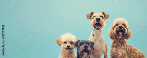 Four dogs of different breeds are sitting in a row against a blue background. The dogs are all smiling and looking at the camera.