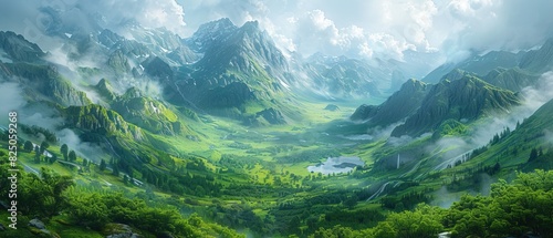 Panoramic view of the mountain valley covered with green grass and fog