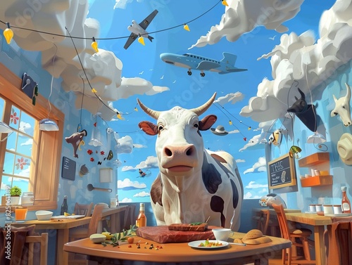 A cow is sitting in a restaurant, wearing a bib and holding a knife and fork. The cow is looking at the camera. There are clouds and a plane in the background.