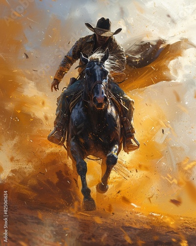 A cowboy riding a horse in the desert.