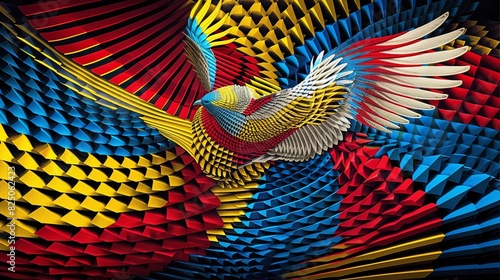 A geometric pattern in red, blue, and yellow with a bird with outspread wings in the center.