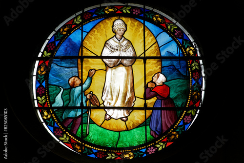 A stained glass of the apparition of Our Lady of La Salette. Sanctuary Notre-Dame de La Salette, France. Vitrail de l'apparition de la Vierge Marie. Sanctuaire de Notre-Dame de La Salette.