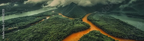 Aerial view of a winding river flowing through lush green forests and mountains in a foggy, dramatic landscape.