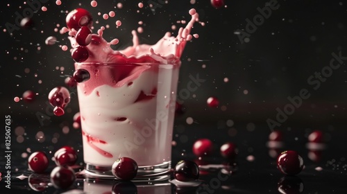 Cranberry milk splashing out of glass with black background