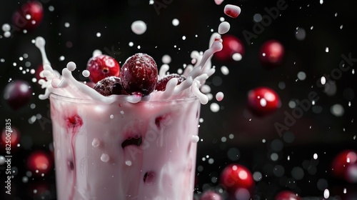 Cranberry milk splashing out of glass with black background