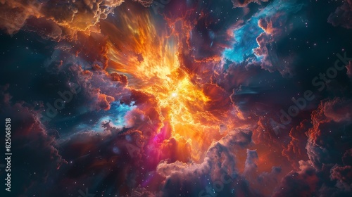 A nebula art illustration featuring a vibrant explosion of colors and shapes, representing the birth of new stars in the heart of a cosmic cloud.