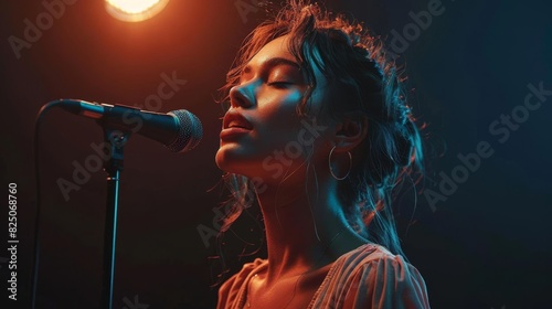 A young woman stands on a stage, singing into a microphone. She is wearing a white dress and has her eyes closed. The background is dark, with a single spotlight shining on her.