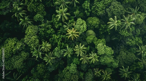 Aerial view of a lush green tropical rainforest with dense foliage and various types of trees in a vibrant, natural landscape.