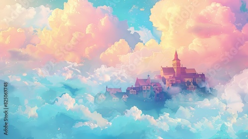 Pastel fairy tale village among clouds, beautiful, ethereal, digital painting