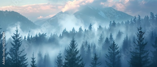 Panoramic view of misty coniferous forest on mountain slopes