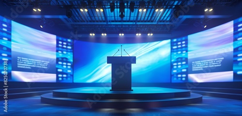 A modern lecture hall stage with a high-tech podium, surrounded by large digital screens displaying a blue gradient background, ready for a keynote speech.