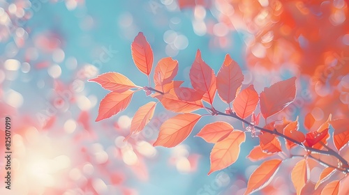 A photo of red and orange leaves on the branches, with a blurred background as sunlight shines through them, creating beautiful bokeh effects. 