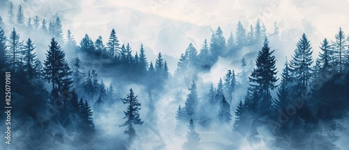 Foggy winter landscape with spruce forest and foggy mountains. Digital composite of foggy landscape with conifer trees in the mountains