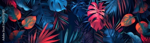 Radiant Tropical Foliage with Glowing Neon Accents in Abstract Digital Art Design