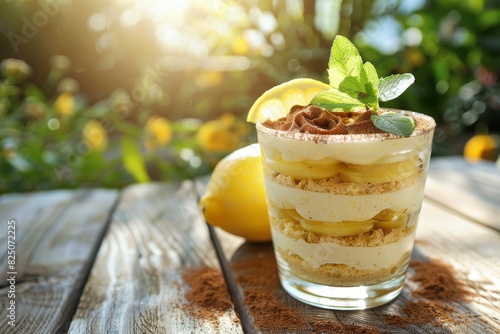 lemon tiramisu no-bake layered summer dessert in glass on wooden table against a garden