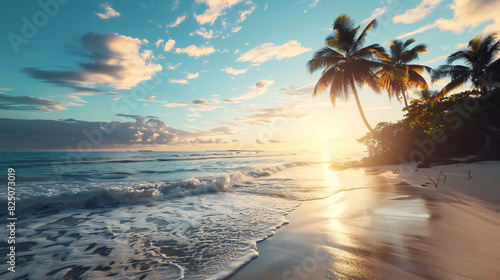 A beautiful tropical sunset on a beach with palm trees and a calm ocean. It symbolizes relaxation, exoticism, and escape from everyday life. Ideal for campaigns focused on travel, vacations, exotic