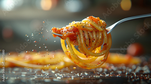 a fork full of spaghetti and red sauce
