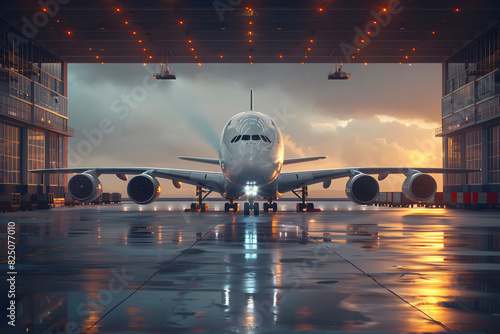 Passenger wide body double decker aircraft after maintenance repair in airport hangar, ready to fly