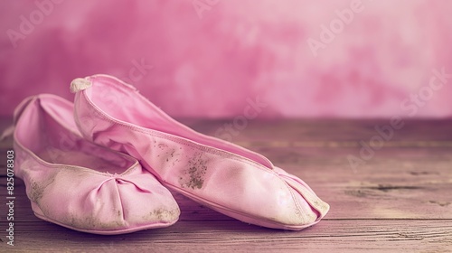 A pair of pink ballet slippers resting on a wooden floor with a soft pink background, focusing on the shoes' worn texture and the grace they imply.