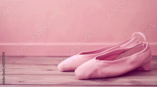 A pair of pink ballet slippers resting on a wooden floor with a soft pink background, focusing on the shoes' worn texture and the grace they imply.