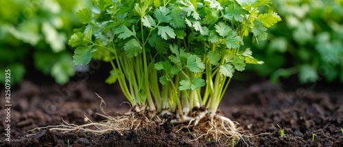 Coriander plant with roots exposed