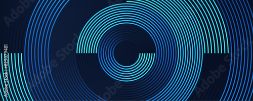 Abstract circle line pattern spin blue green light isolated on black background in the concept of music, science, Ai technology, digital futuristic banner