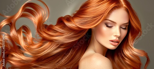 Redheaded model flaunting luxurious long, glossy, and silky hair in a stunning pose