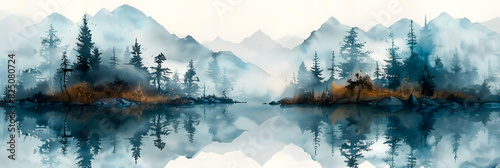Paysage de montagnes, lac et brume dans le style aquarelle