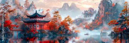 Paysage de montagnes avec des pagodes et brume style aquarelle