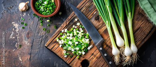 Spring onions on a chopping board with a knife, ready to be chopped for a meal