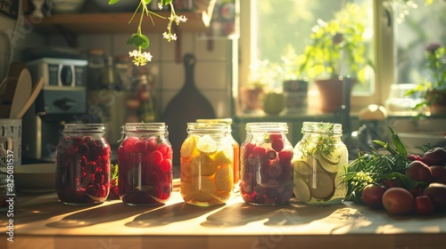 An assortment of colorful fruits and vegetables sit in glass jars