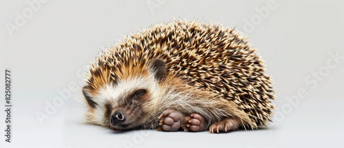 A brown and white hedgehog is sleeping on a white background