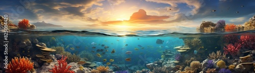 A colorful underwater scene with coral reefs and fish, with a sunset sky above the surface.