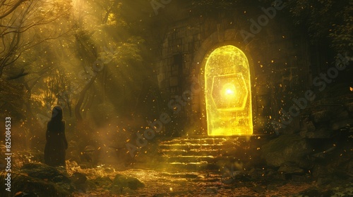 Step into a world of enchantment where a young girl gazes in wonder at a mystical gate aglow with a luminous yellow light. 