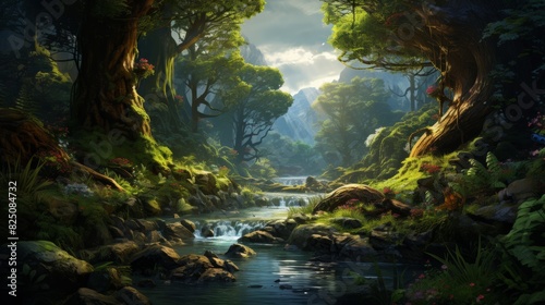 A lush, green forest with a small river running through it. Sunlight shines through the trees, creating a dappled effect.