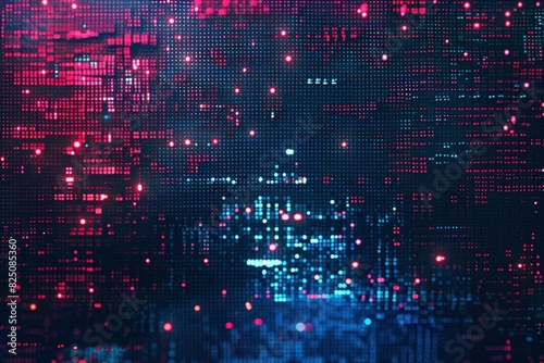 A high-resolution digital backdrop showcasing flowing red and blue lights with a bokeh effect, resembling a futuristic space visualization composed of pixelated data streams.