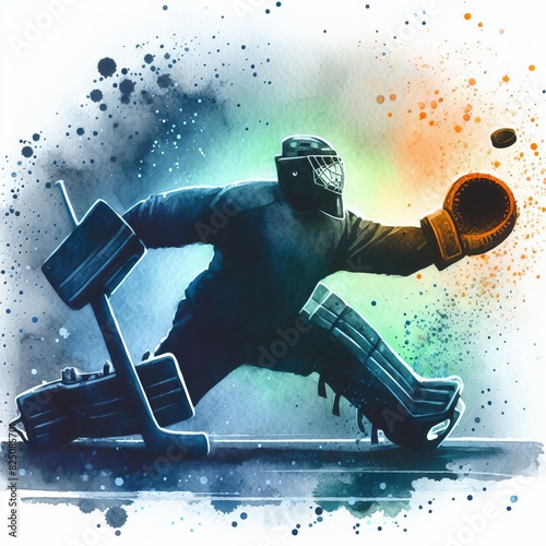 Hockey goalie stands up in defense and catches the puck on a watercolor gradient background, holds a hockey stick, action, tension, watercolor illustration