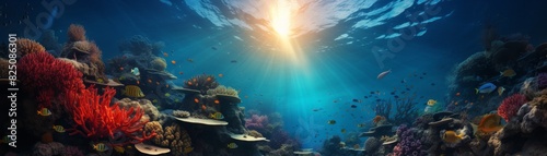 Sunbeam shines through the ocean, illuminating coral reefs and a colorful fish.