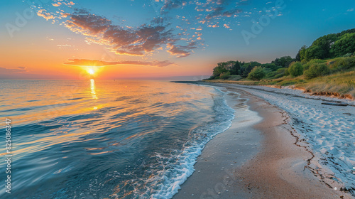 A picturesque beach at sunrise, with the first light of day casting a warm glow over the calm ocean and pristine sandy shore.