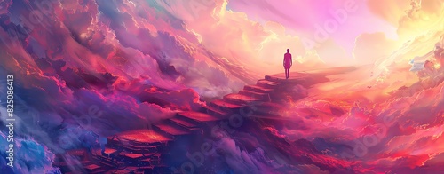 A person standing at the top of an endless staircase, surrounded by vibrant colors; an ethereal landscape with flowing waves and soft light; in the digital art style, with surrealistic elements, and a