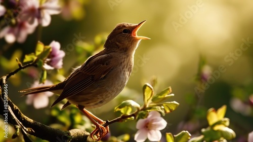 A small bird is perched on a branch of a tree with pink flowers. The bird is singing, and the scene is peaceful and serene