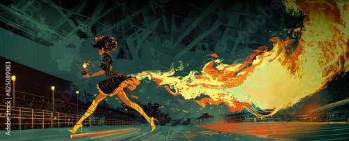Illustration with a transvestite in high heels carries Quails Olympic fire on stadiums at the Olympic Games