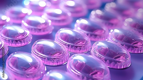 A row of pink plastic spheres with a reflective surface. The spheres are arranged in a pattern and appear to be of a similar size