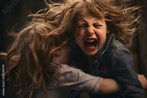 Little children brother and sister screaming with emotions and hysterics fight each other.