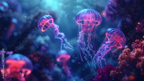 A surreal underwater world with glowing jellyfish and corals, illuminated by a mysterious light